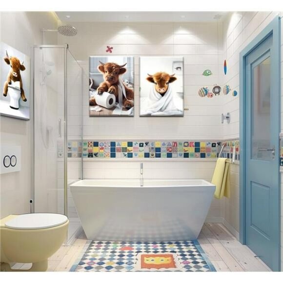 Highland Cow Wall Art Set Framed Funny Bathroom Farmhouse Rustic Decor 12x16 - Picture 2 of 8